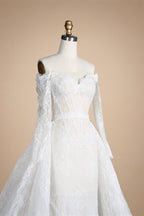 White Lace Mermaid Wedding Dress Off the Shoulder with Detachable Train and Long Sleeves ZP014
