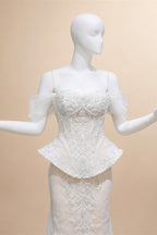 Luxury Ivory Off-the-Shoulder Lace Corset Tulle Train Wedding Dress ZP135