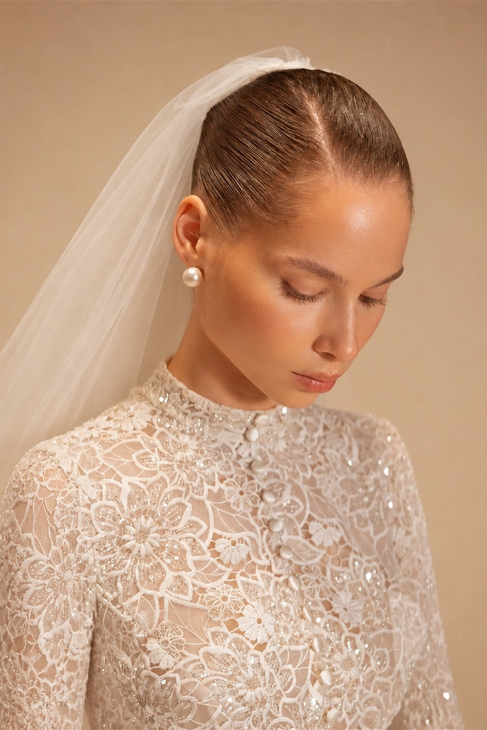Luxury Champagne High Neck Long Sleeve Lace A-Line Wedding Dress with Buttons ZP079