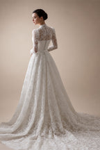 Elegant Printed Lace High Neck Wedding Dress with Train ZP171