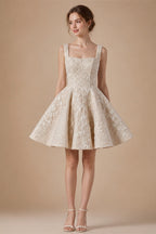 Romantic Champagne Sleeveless A-Line Short Wedding Dress with Deep V Back ZP046