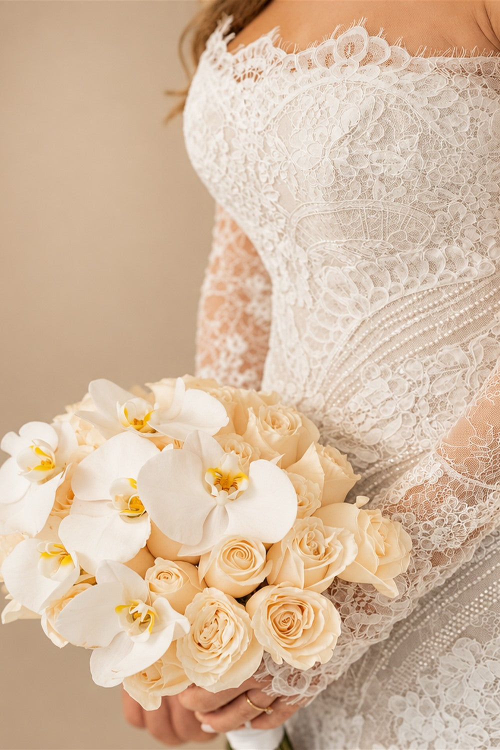 White Beaded Lace Bridal Gown with Off Shoulder Long Sleeves ZP203