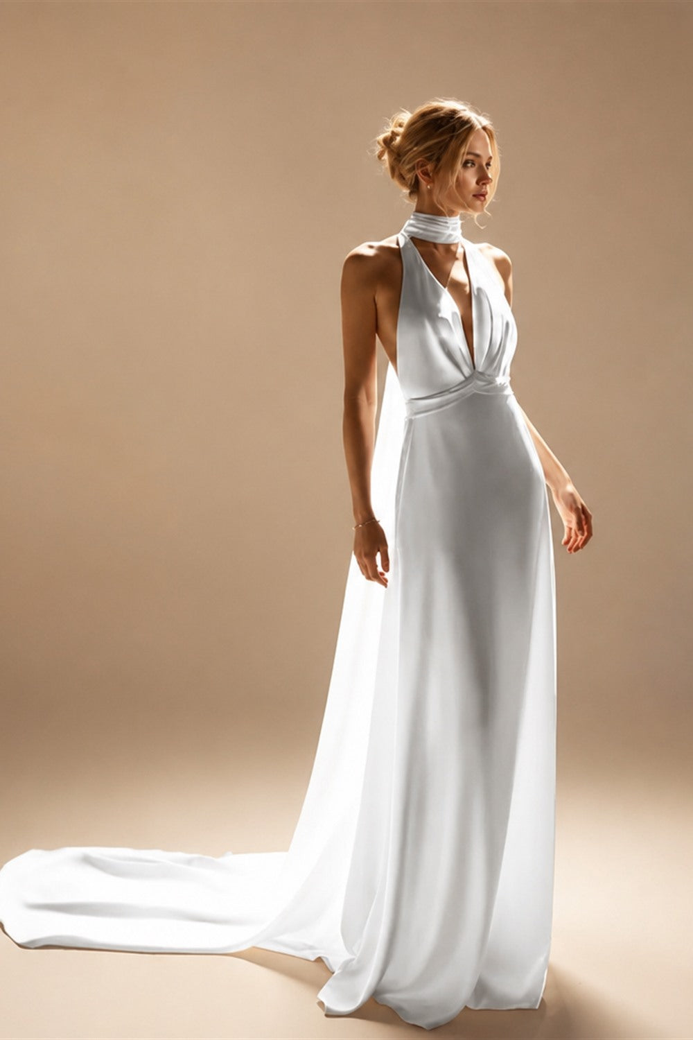 Halter Satin Sleeveless Deep V-neck Wedding Dress Sexy Mermaid Backless Wedding Gown with Court for Bridal Vestidos De Novia