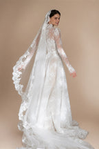Regal Ivory Lace High Neck Long Sleeve Wedding Dress with Cathedral Veil ZP105