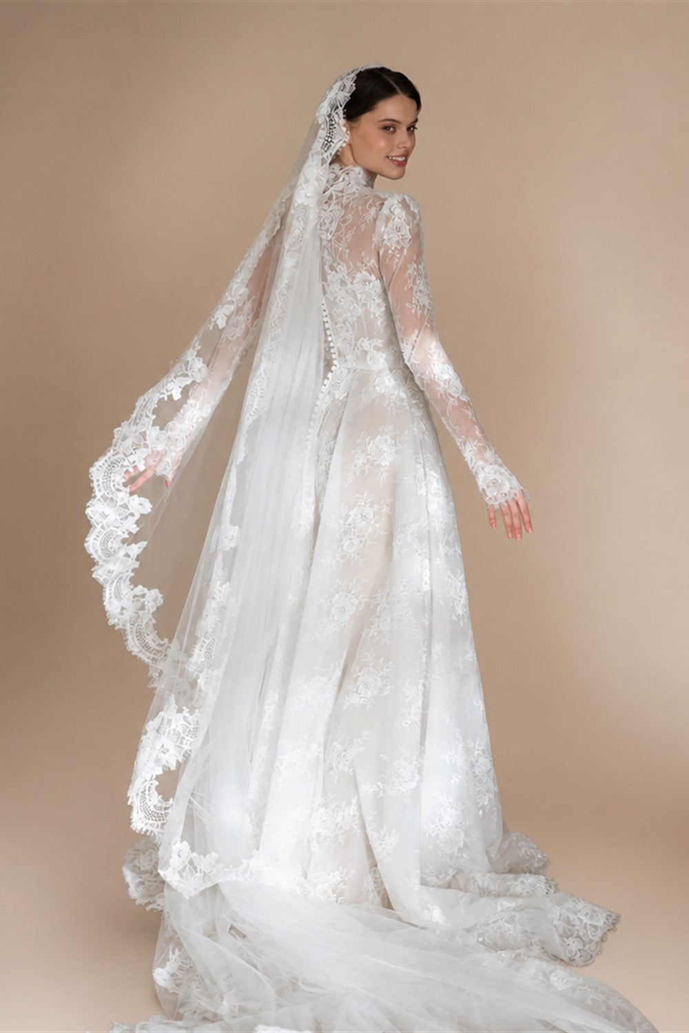 Regal Ivory Lace High Neck Long Sleeve Wedding Dress with Cathedral Veil ZP105