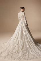 Luxury Champagne High Neck Long Sleeve Lace A-Line Wedding Dress with Buttons ZP079