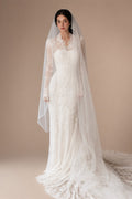 Elegant Ivory Lace High Neck Long Sleeve Train Mermaid Wedding Dress with Veil ZP108