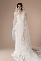 Elegant Ivory Lace High Neck Long Sleeve Train Mermaid Wedding Dress with Veil ZP108