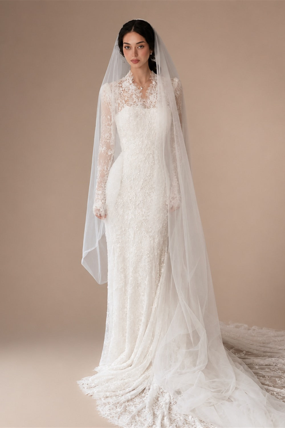 Elegant Ivory Lace High Neck Long Sleeve Train Mermaid Wedding Dress with Veil ZP108