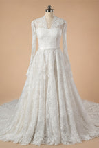 Elegant Printed Lace High Neck Wedding Dress with Train ZP171