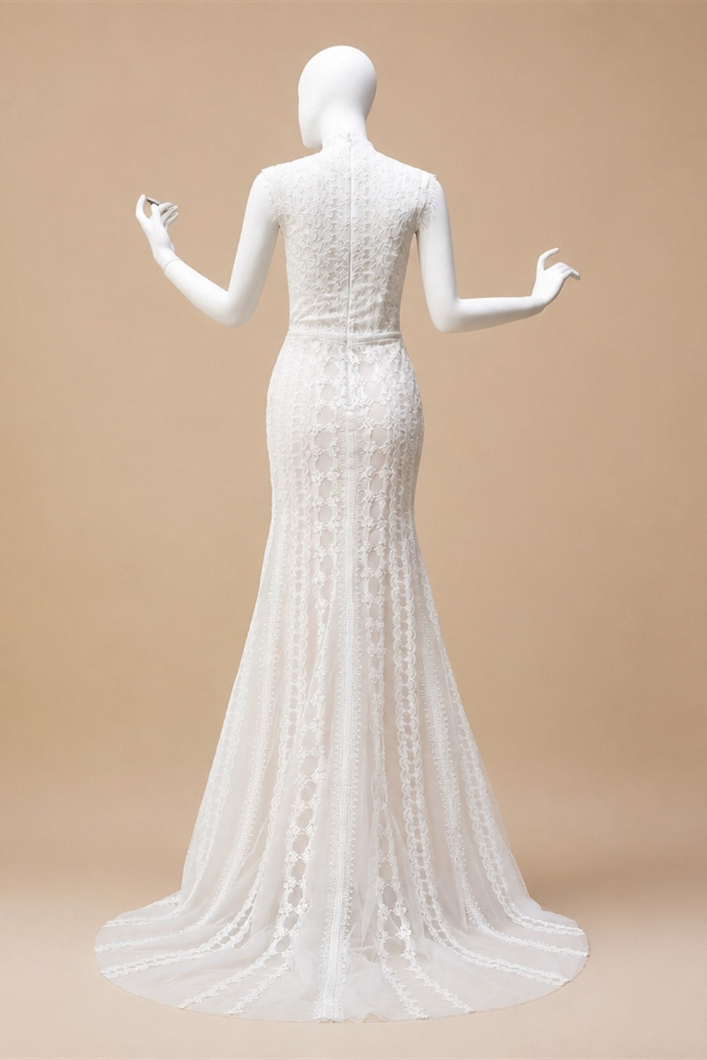 Elegant Ivory High Neck Sheer Lace Long Sleeves Mermaid Wedding Dress with Veil ZP085