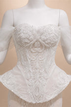 Luxury Ivory Off-the-Shoulder Lace Corset Tulle Train Wedding Dress ZP135