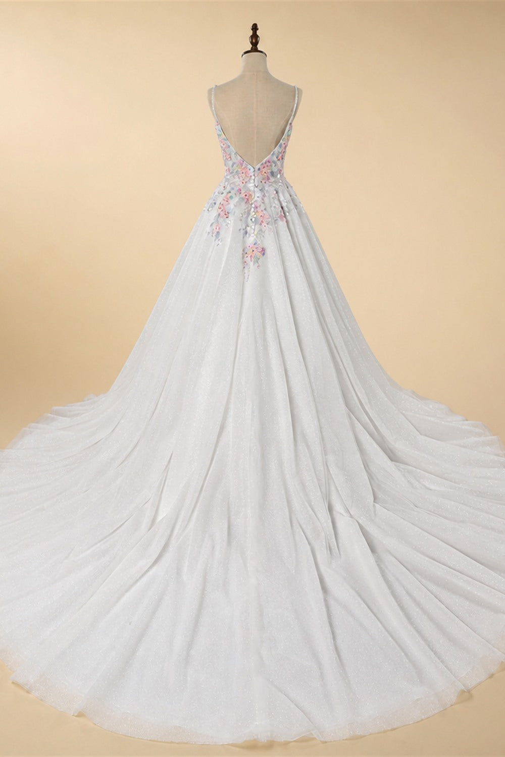 Glamorous White Floral Applique A-Line Tulle Wedding Dress with Train ZP066