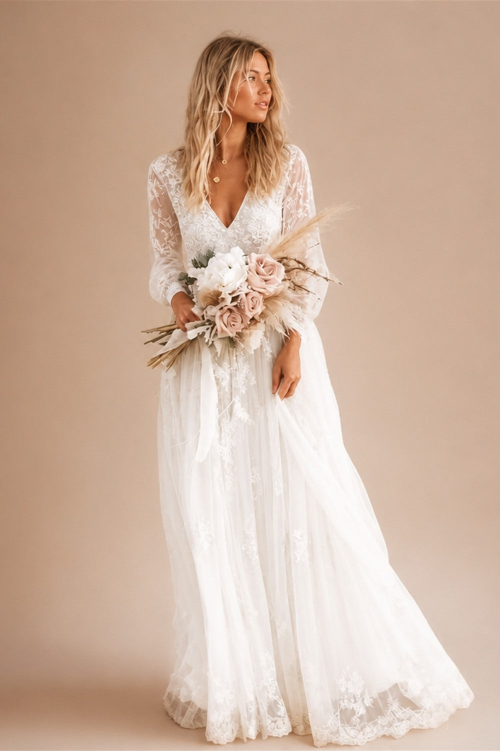 Customized Boho Lace Embroidered Long Sleeve Wedding Dress Deep V Neck and Flowy Lace Skirt for Beach Bridal Dress