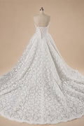 White Floral Lace Strapless Bridal Gown Sweetheart Neckline Front Button Ball Gown ZP011