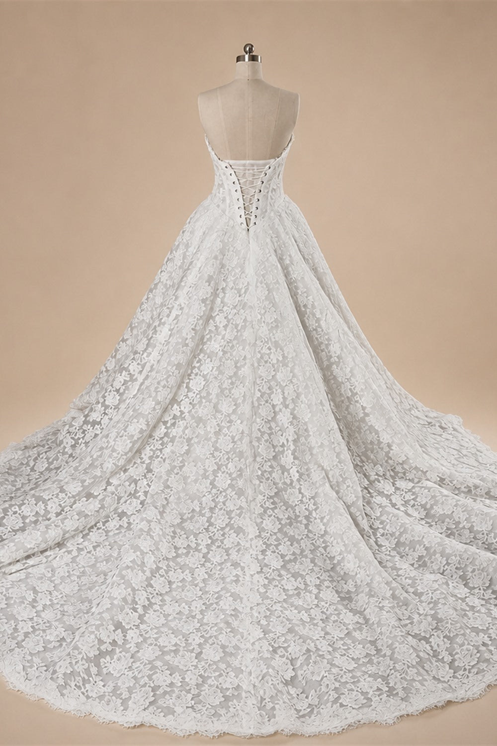 White Floral Lace Strapless Bridal Gown Sweetheart Neckline Front Button Ball Gown ZP011