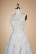 White Lace Spaghetti Strap Bridal Gown Square Neck Beaded Corset Ball Gown ZP012