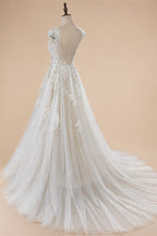 Elegant Ivory V-Neck Cap Sleeve A-Line Lace Tulle Wedding Dress ZP055