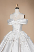 Off the Shoulder White Satin Ball Gown Flower Girl Dress with Long Cathedral Train ZP017
