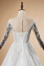 Glamorous White Illusion Neck Lace & Tulle Wedding Dress with Cathedral Train ZP063