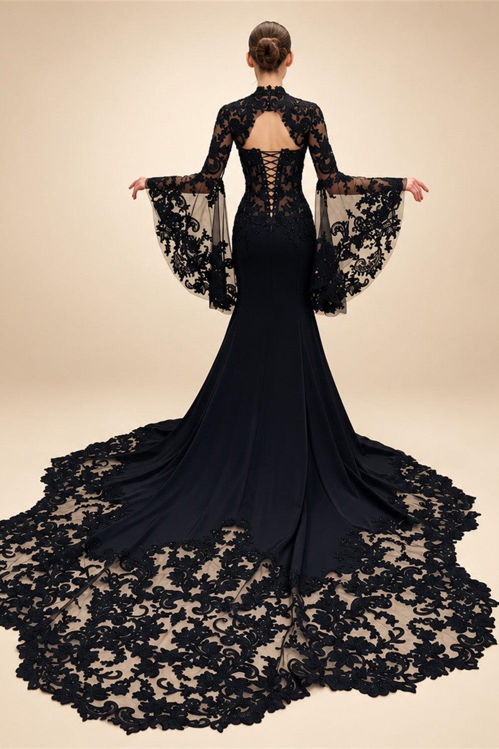 Black Luxury Gothic  Wedding Dress Sheer Lace Mermaid  ZP200
