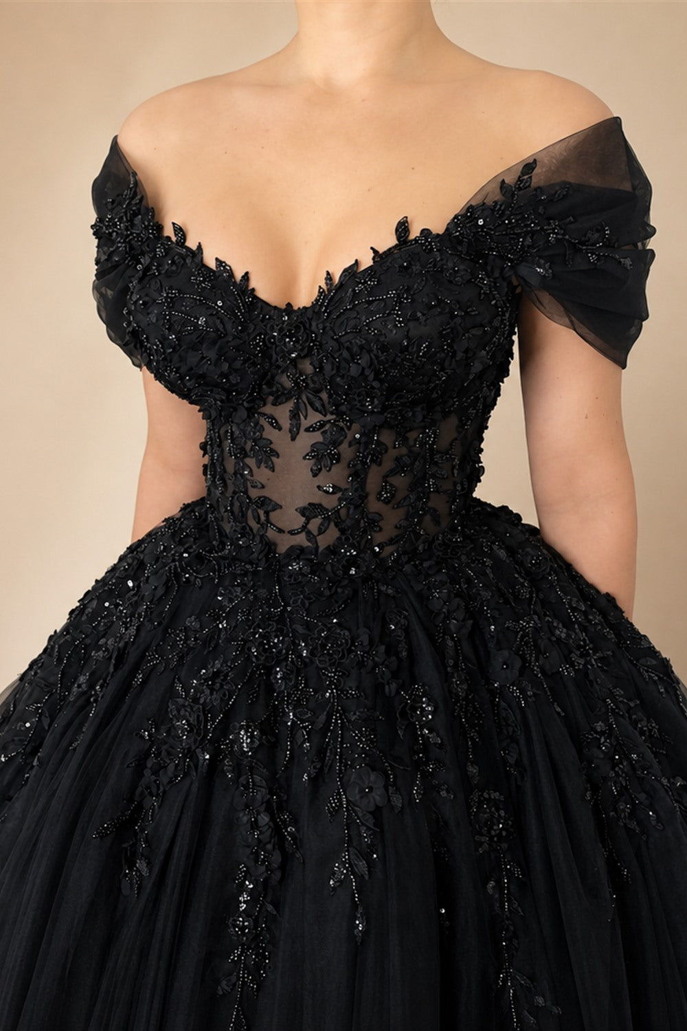 Black Luxury Gothic Wedding Dress  Sheer Corset 3D Floral Tulle  ZP027
