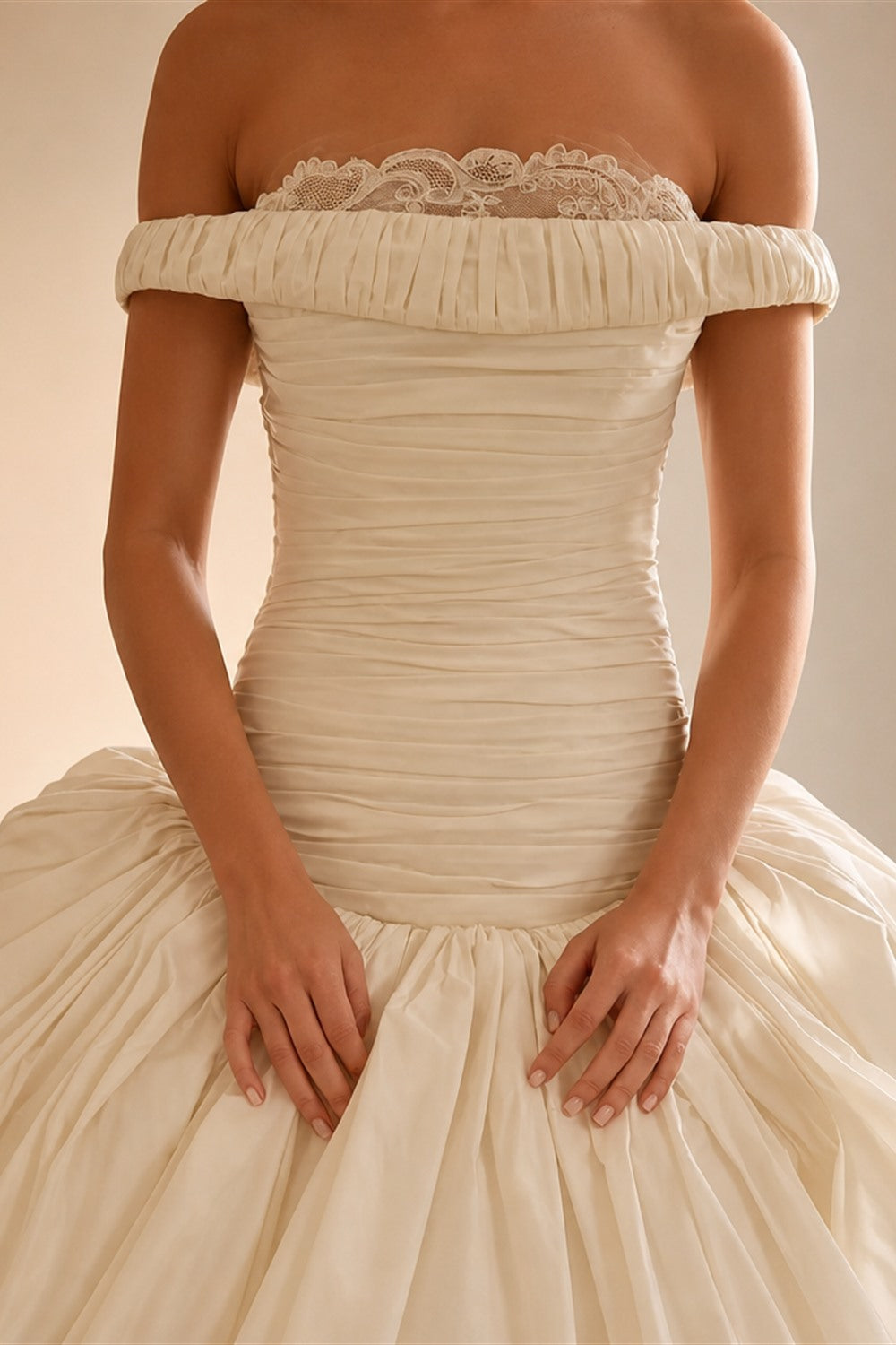 Elegant Ivory Strapless Ruched Satin Ball Gown Wedding Dress ZP070