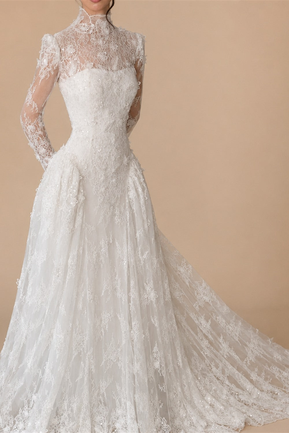 Classic Ivory Lace High Neck Long Sleeve A-Line Wedding Dress with Veil ZP107