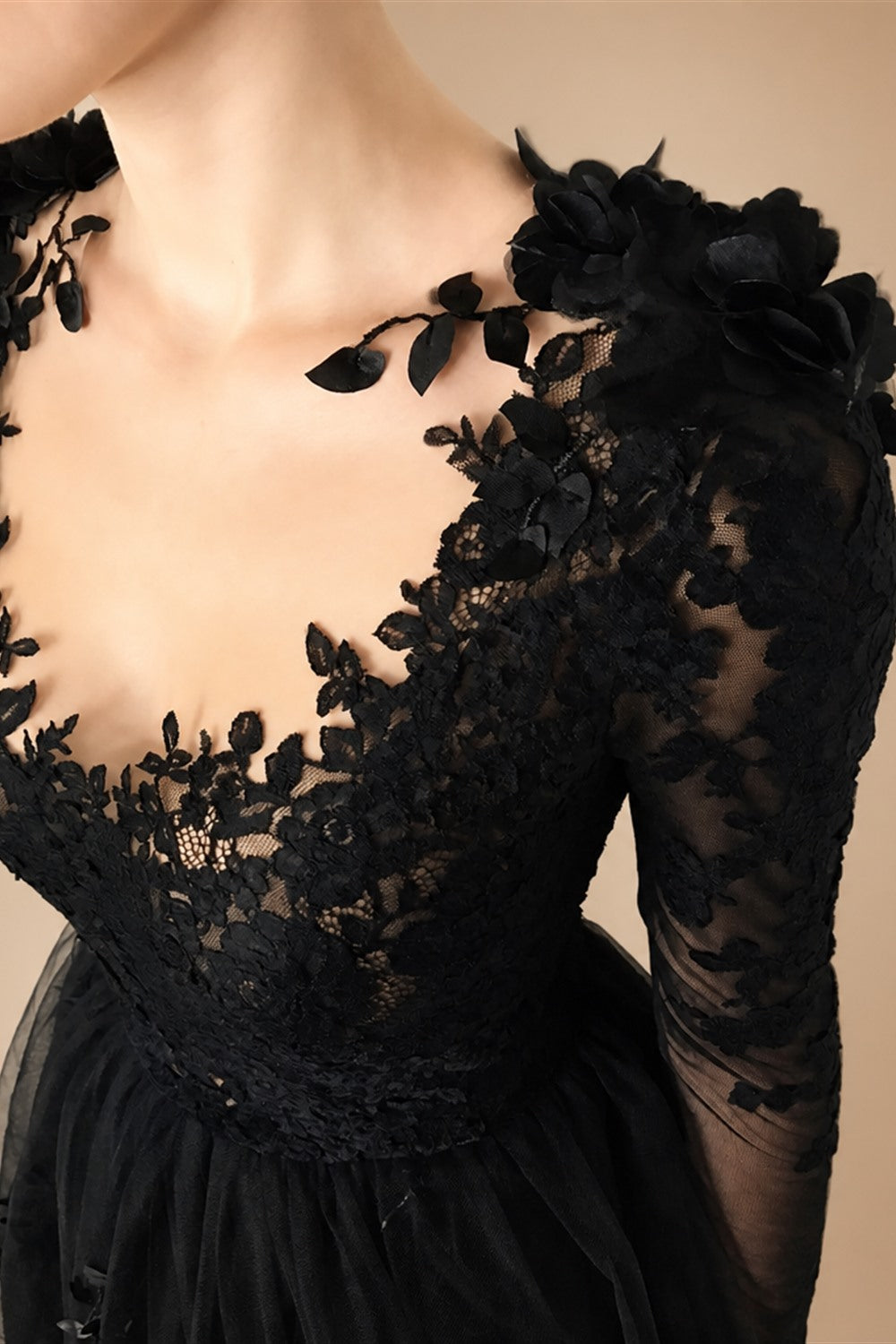 Black Luxury Gothic Wedding Dress 3D Floral Lace Tulle Sweep Train ZP026