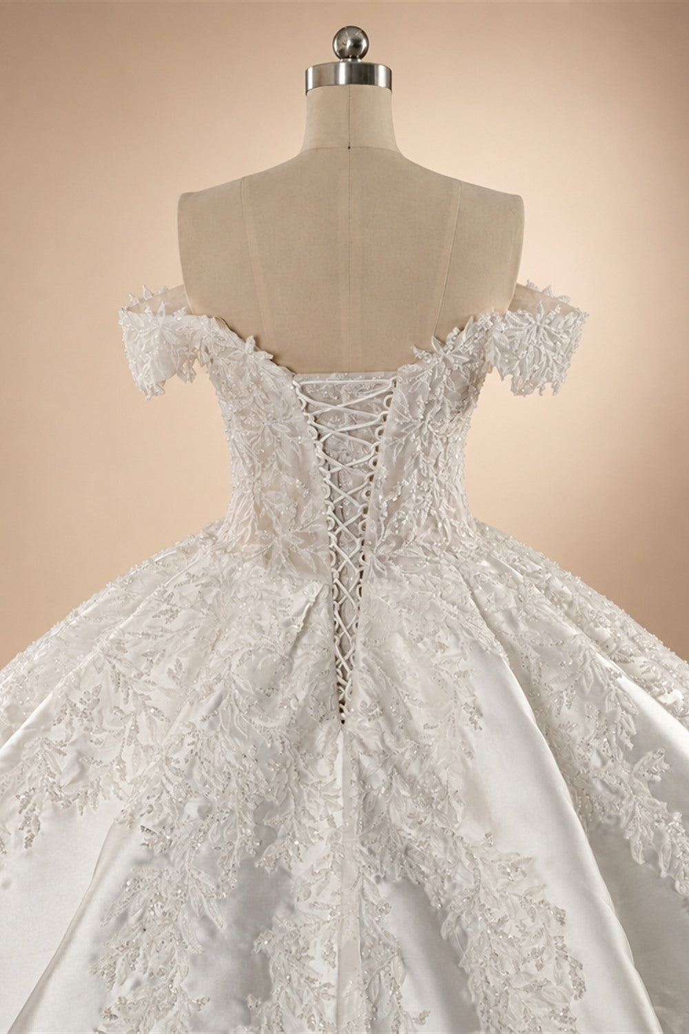 Luxury White Off-the-Shoulder Lace Satin Ball Gown Wedding Dress ZP069