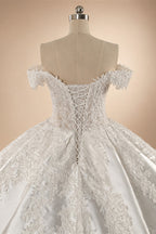 Luxury White Off-the-Shoulder Lace Satin Ball Gown Wedding Dress ZP069