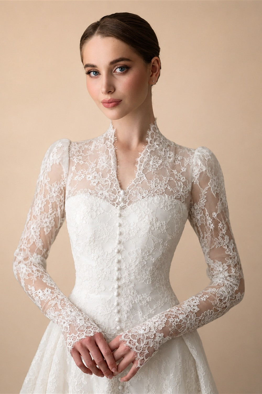 Vintag White Lace High Neck Long Sleeve A-Line Wedding Dress with Train ZP110