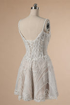 Luxury Ivory Beaded Lace Short Wedding Dress with Lace-Up Corset Back ZP059