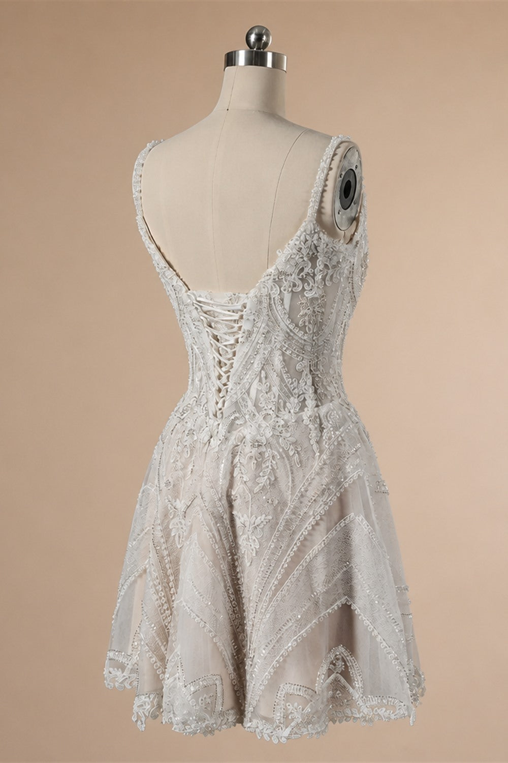 Luxury Ivory Beaded Lace Short Wedding Dress with Lace-Up Corset Back ZP059