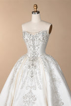 White Satin Strapless Ball Gown Wedding Dress with Luxurious Beaded Lace and Cathedral Train ZP016