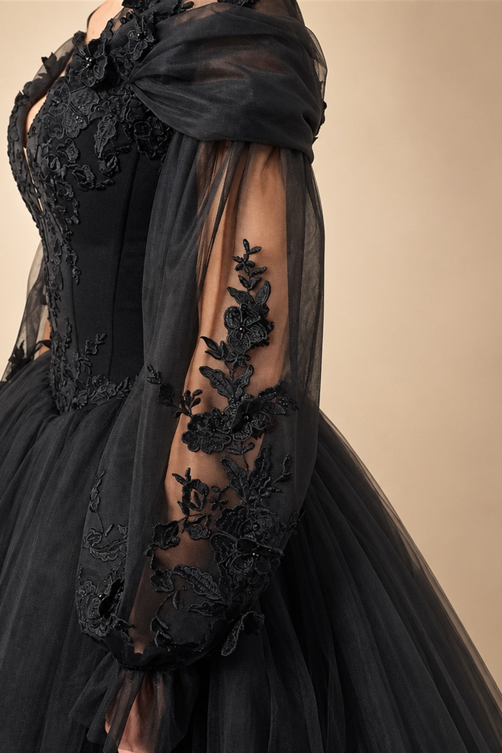 Black Luxury Gothic Wedding Dress 3D Floral Corset Tulle Ball Gown With Train  ZP201