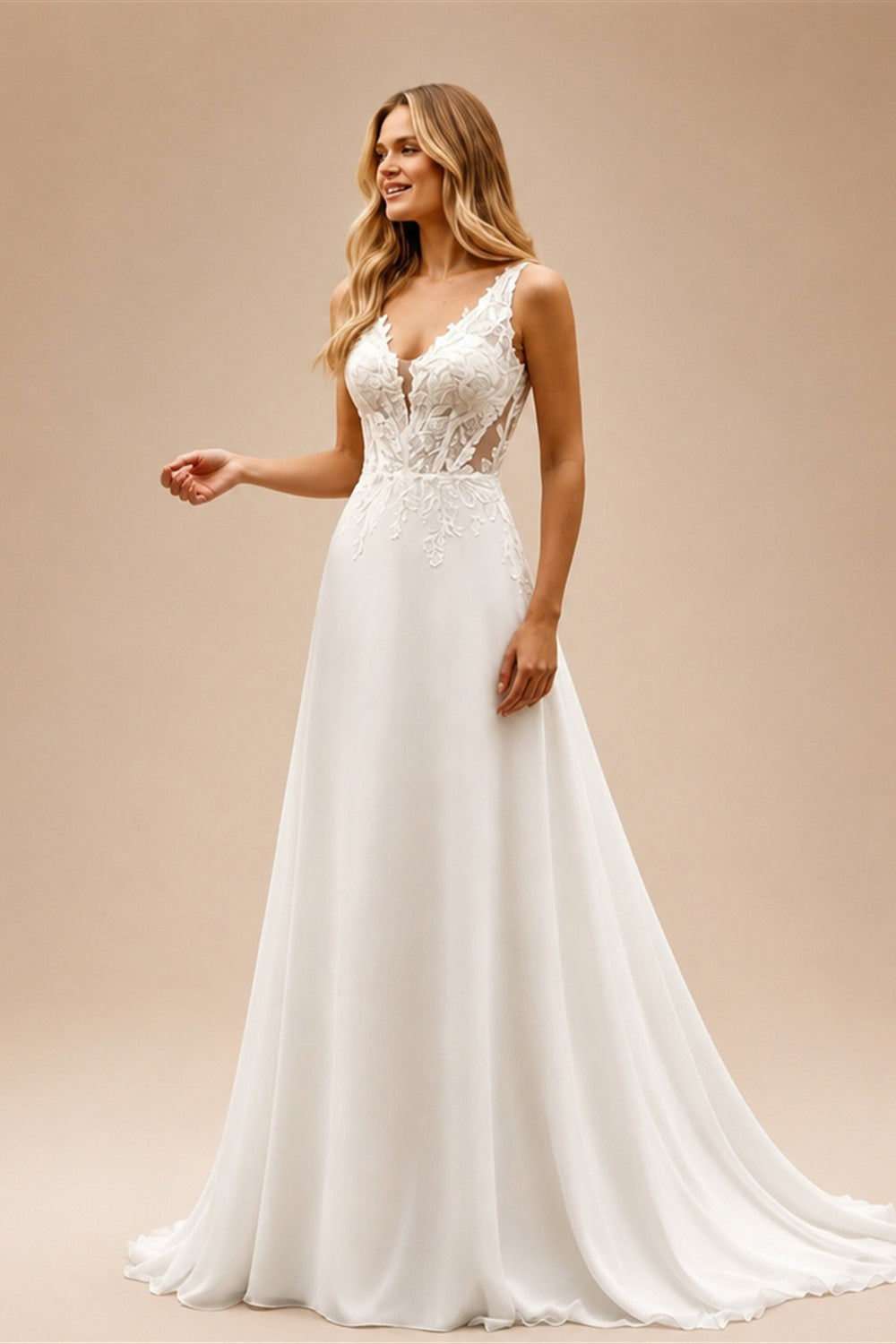 Boho A Line Chiffon Wedding Dress Sleeveless Deep V Lace Sheer Back Buttons Sweep Train Beach Bridal Gown Custom Vestido Novia