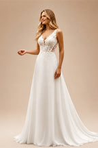 Boho A Line Chiffon Wedding Dress Sleeveless Deep V Lace Sheer Back Buttons Sweep Train Beach Bridal Gown Custom Vestido Novia