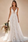 Spaghetti Strap Deep V Boho Wedding Dress Floral Lace Applique Tulle A Line Bridal Gowns Low Back Wedding Gowns Customized