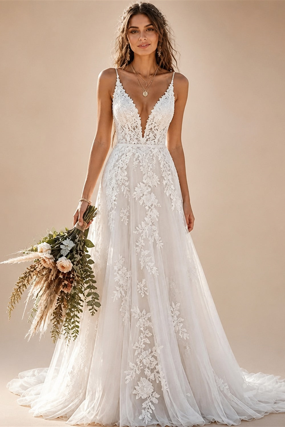 Spaghetti Strap Deep V Boho Wedding Dress Floral Lace Applique Tulle A Line Bridal Gowns Low Back Wedding Gowns Customized
