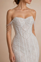 White Nude  Mermaid Wedding Dress Beaded Chain Detailing With Lace Train  ZP039