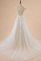 Elegant Ivory V-Neck Cap Sleeve A-Line Lace Tulle Wedding Dress ZP055