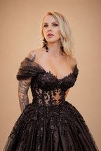 Black Luxury Gothic Wedding Dress  Sheer Corset 3D Floral Tulle  ZP027