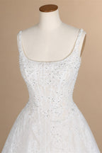 White Lace Spaghetti Strap Bridal Gown Square Neck Beaded Corset Ball Gown ZP012
