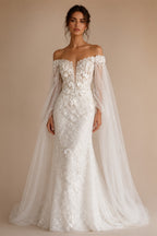 White  Off‑The‑Shoulder Puff Sleeve 3D Floral Mermaid Wedding Dress ZP005