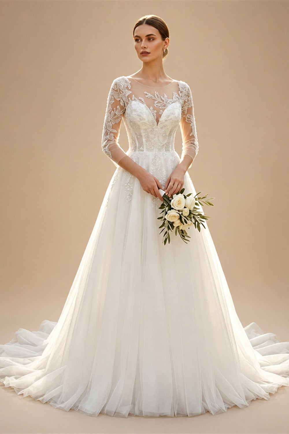 Glamorous White Illusion Neck Lace & Tulle Wedding Dress with Cathedral Train ZP063