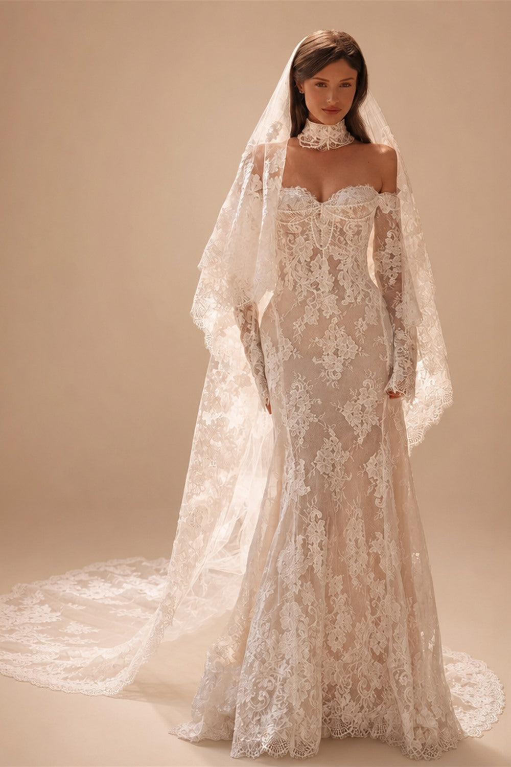 Elegant Ivory Sweetheart Neckline Sheer Lace Mermaid Wedding Dress with Veil ZP133
