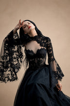 Black Luxury Gothic  Wedding Dress Sheer Lace Ball Gown  ZP029