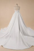 White Satin Strapless Wedding Dress Lace Appliques Sweetheart Neckline Ball Gown ZP010