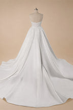 White Satin Strapless Wedding Dress Lace Appliques Sweetheart Neckline Ball Gown ZP010